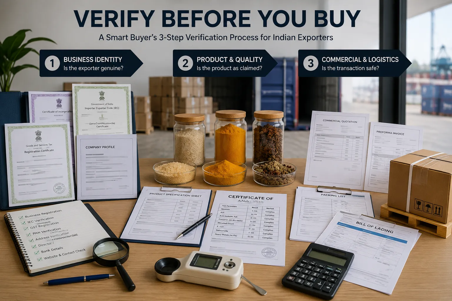 International buyer verifying an Indian exporter through business documents, product samples and supplier information